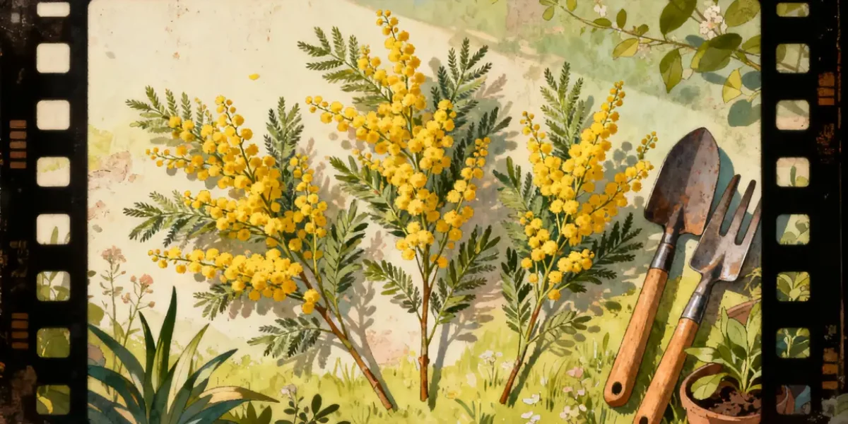 Bouturage mimosa : rameaux et outils sur fond champêtre