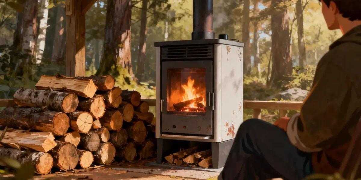 Chauffage au bois 2025 pile de bûches poêle et forêt