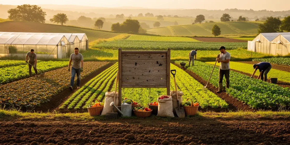 Paysage agricole diversifié, panneau comment choisir agriculture sans se tromper