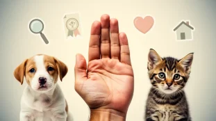 Main entre chiot et chaton avec icones et texte comment choisir elevage
