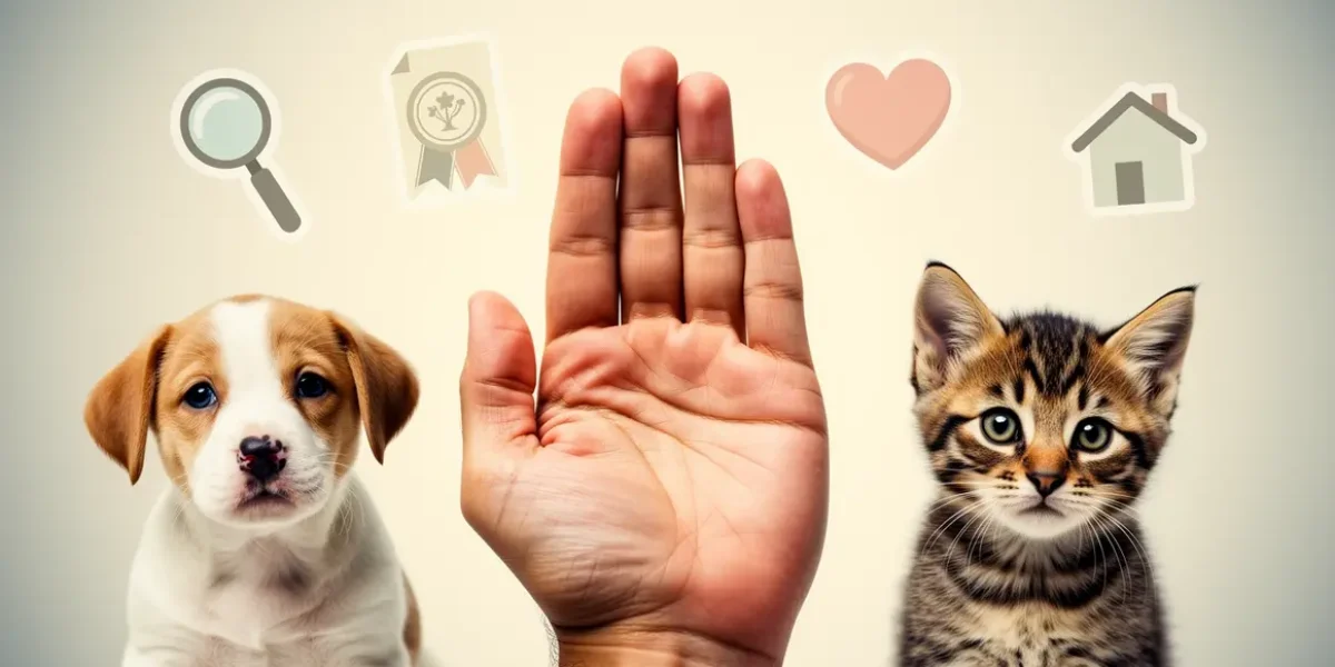 Main entre chiot et chaton avec icones et texte comment choisir elevage
