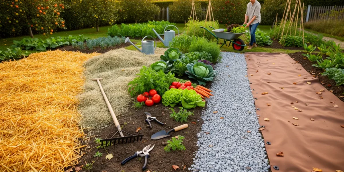 potager avec plusieurs paillages et outils jardinage