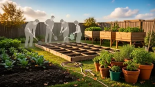 Jardin divisé en types de potager sous ciel bleu, choix du potager