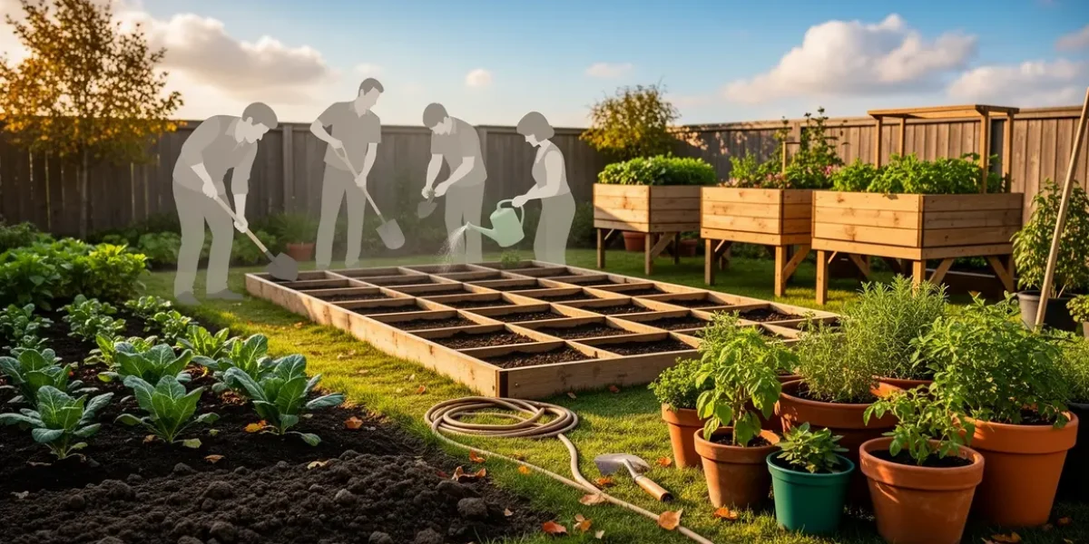 Jardin divisé en types de potager sous ciel bleu, choix du potager