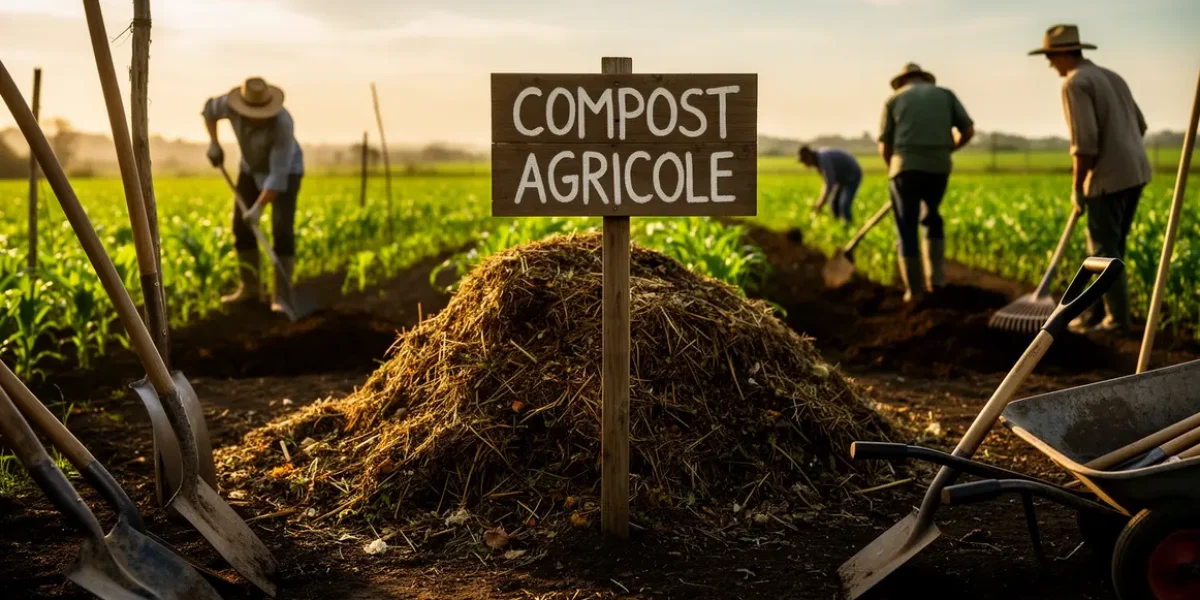 Paysage avec champ fertile et tas de compost agricole
