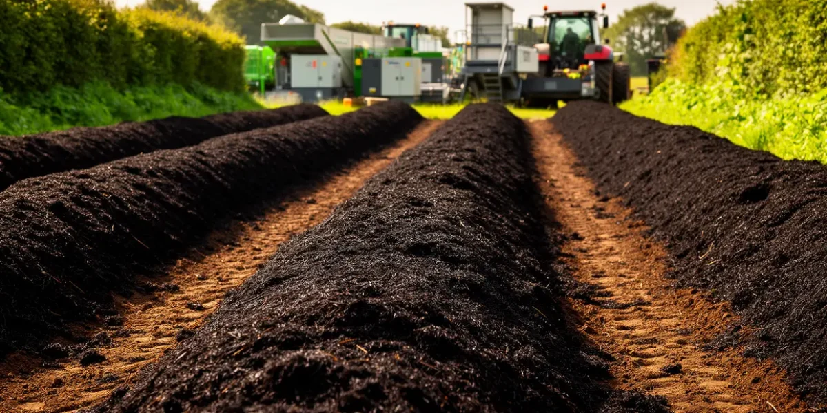 Vue exploitation agricole moderne avec compost et outillage