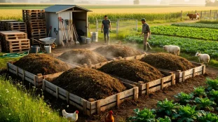 tas de compost agricole exploitation moderne outils palettes cultures animaux