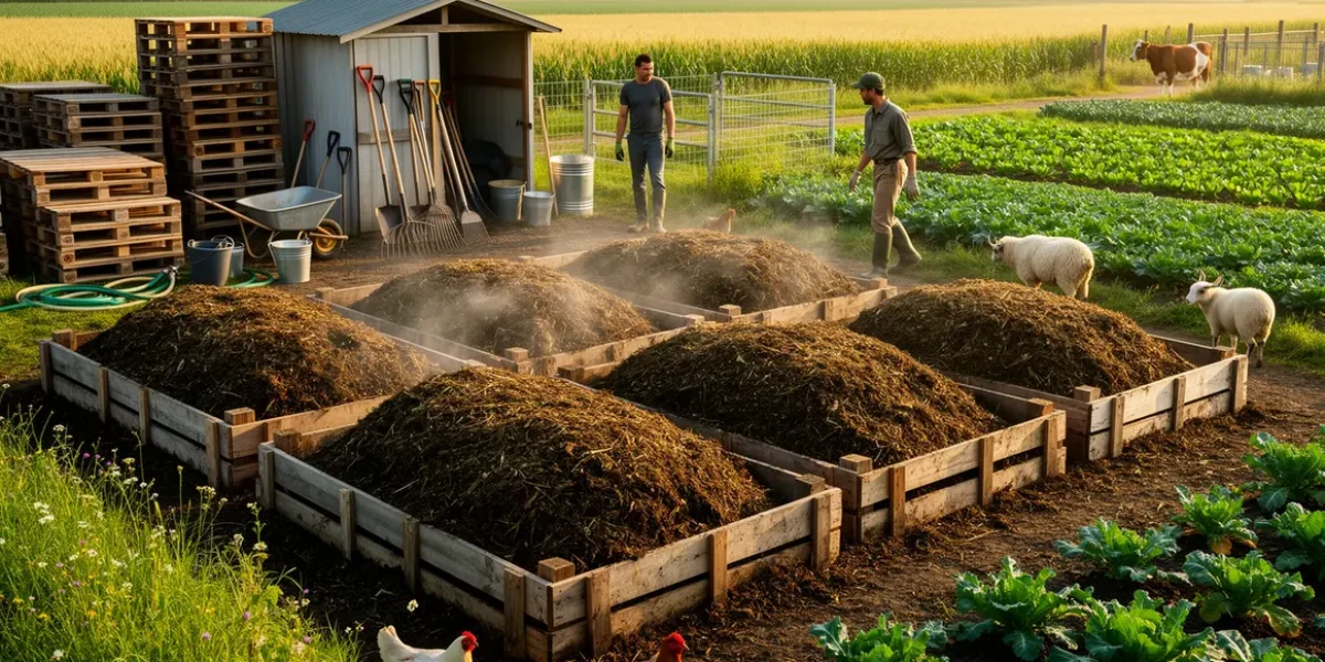 tas de compost agricole exploitation moderne outils palettes cultures animaux