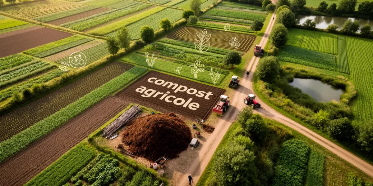 compost agricole exploitation avec tas et tracteurs