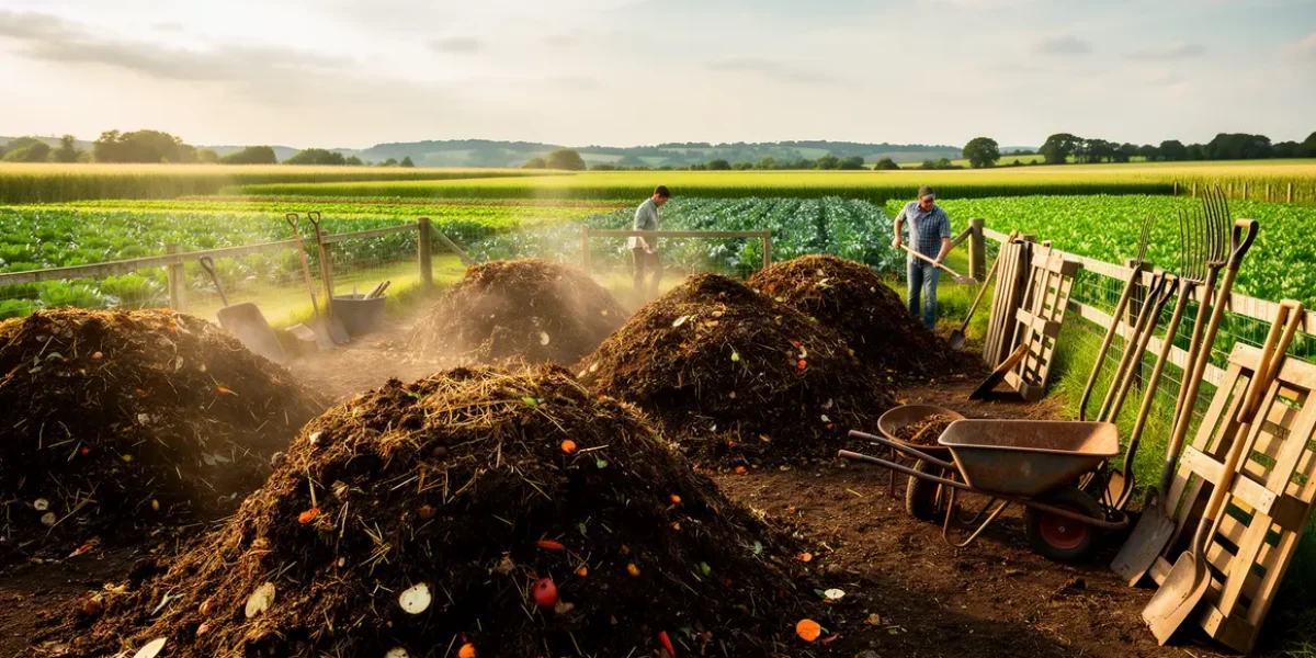 Compost agricole et outils sur une ferme vivante