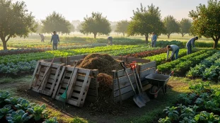 compost agricole ferme avec tas, palettes et outils