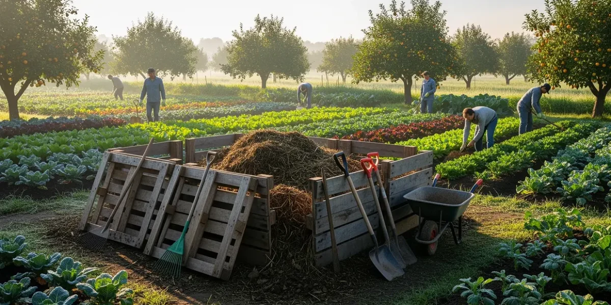 compost agricole ferme avec tas, palettes et outils