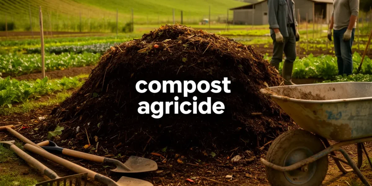 Tas de compost agricole dans champ verdoyant