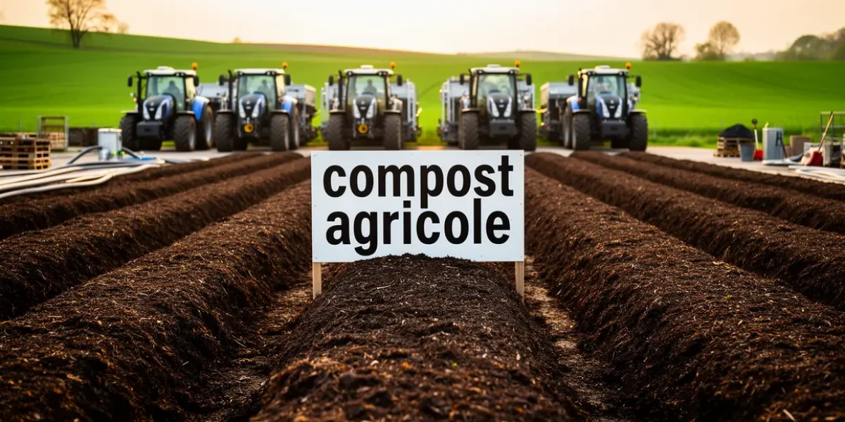 Plateforme avec andains de compost agricole champs et tracteur