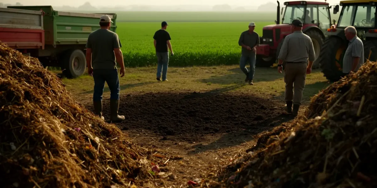 Compostage agricole ferme tas compost, engins, champs verts