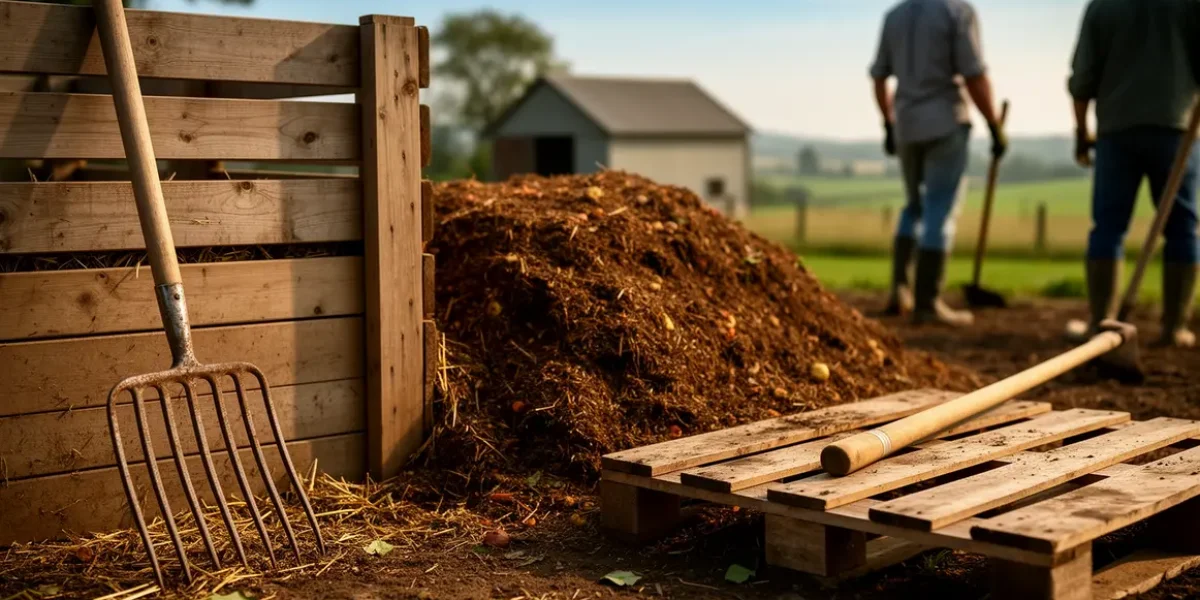 composteur agricole artisanal en bois avec outils et compost