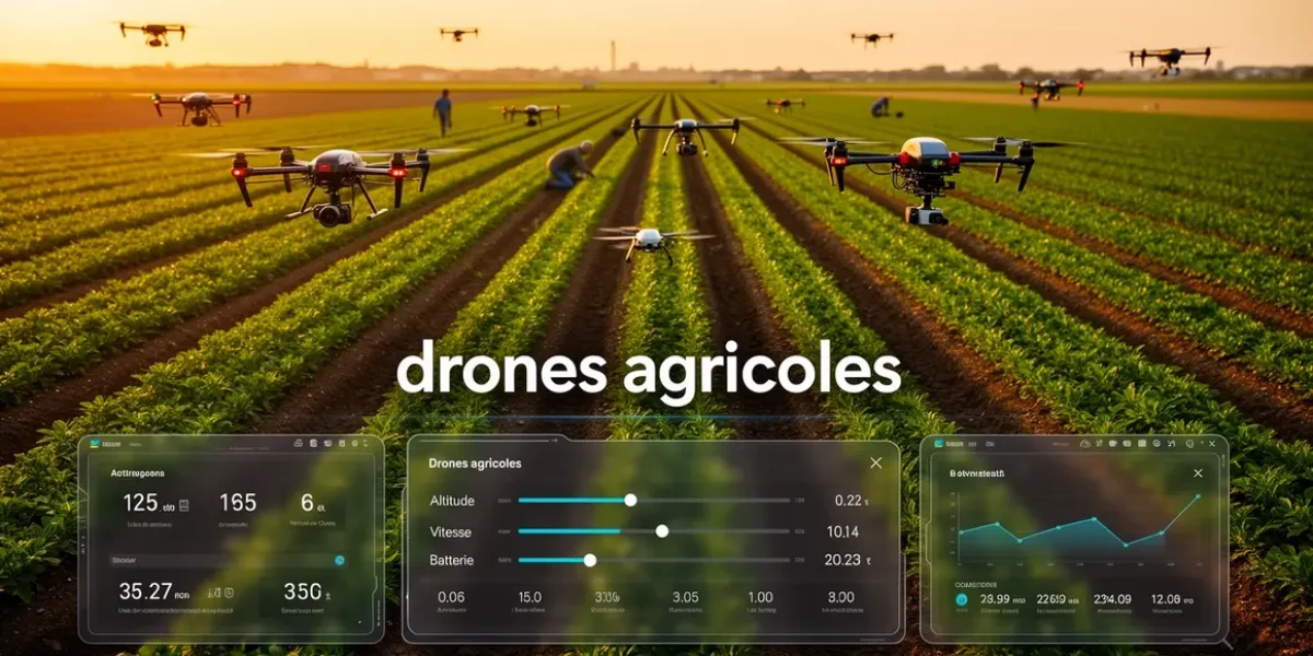Vue de drones agricoles survolant un champ avec tableau de controle numerique