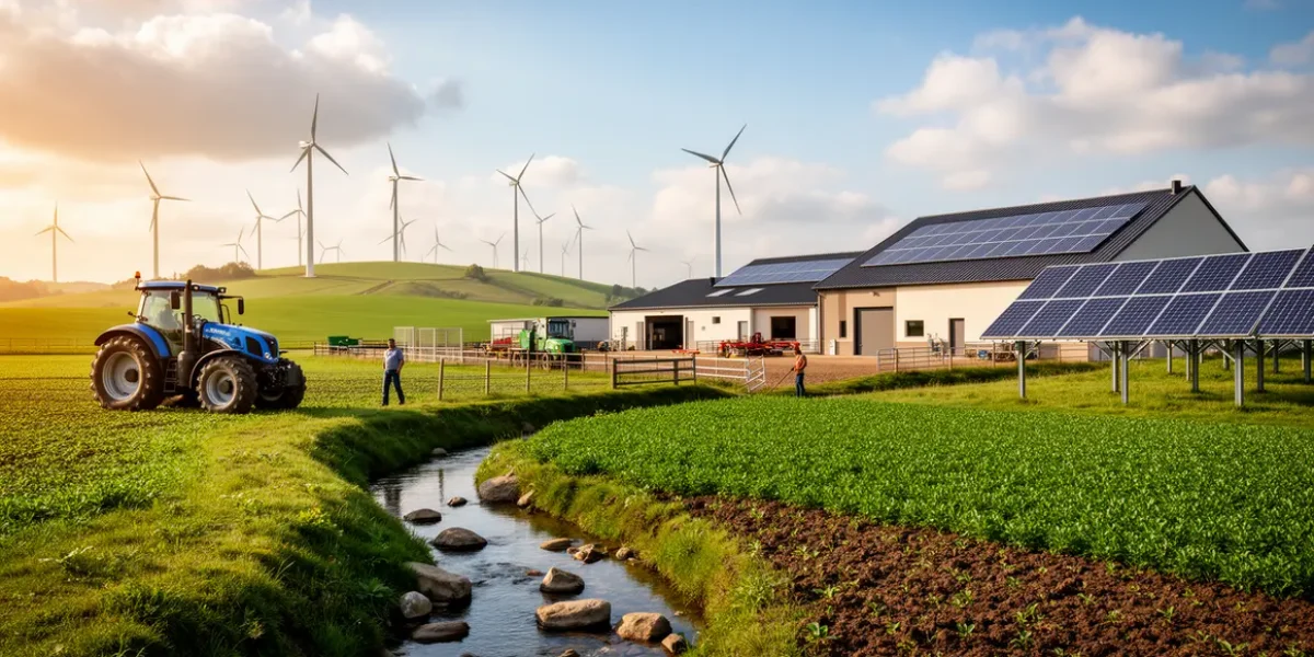 Paysage rural 2026 avec fermes, panneaux solaires, eoliennes et ecologie energie