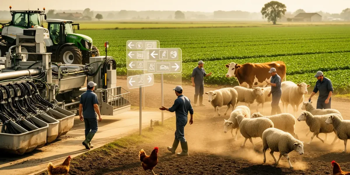 Vue d'une ferme moderne optimisée pour gagner du temps en elevage