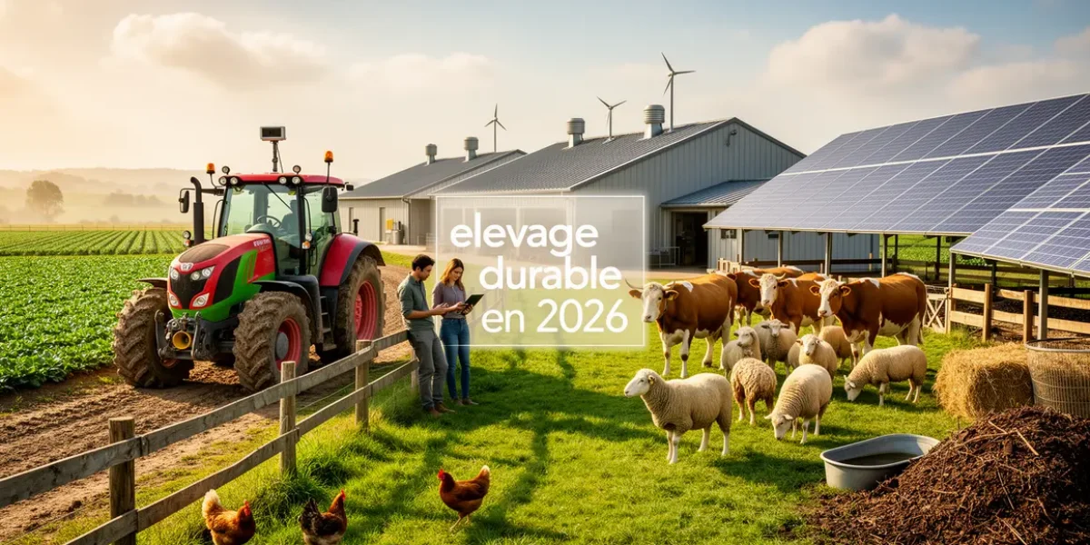 Scene elevage durable 2026 ferme moderne animaux en prairie tracteurs connectes panneaux solaires