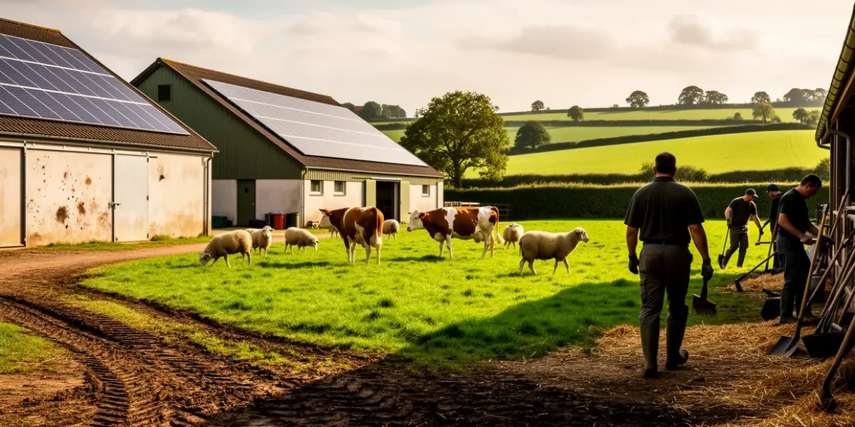 Ferme moderne elevage durable panneaux solaires animaux prairie