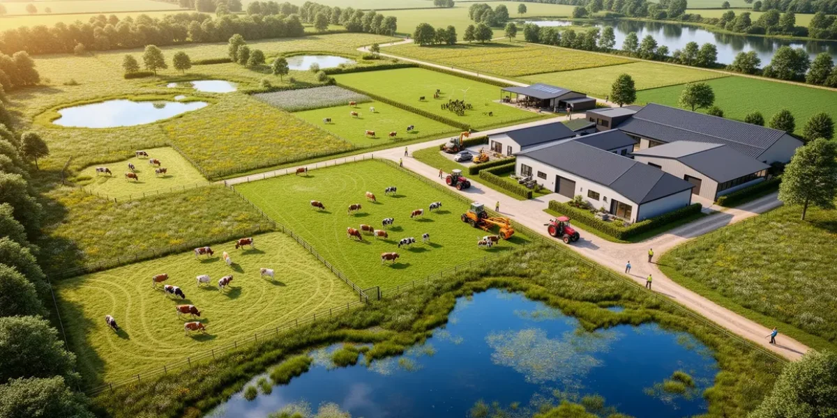 Image ferme durable moderne vue du ciel avec prairies, zones humides, troupeaux