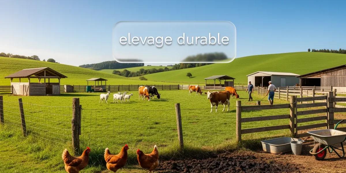 Vue elevage durable ferme panoramique poules chevres vaches abris clotures