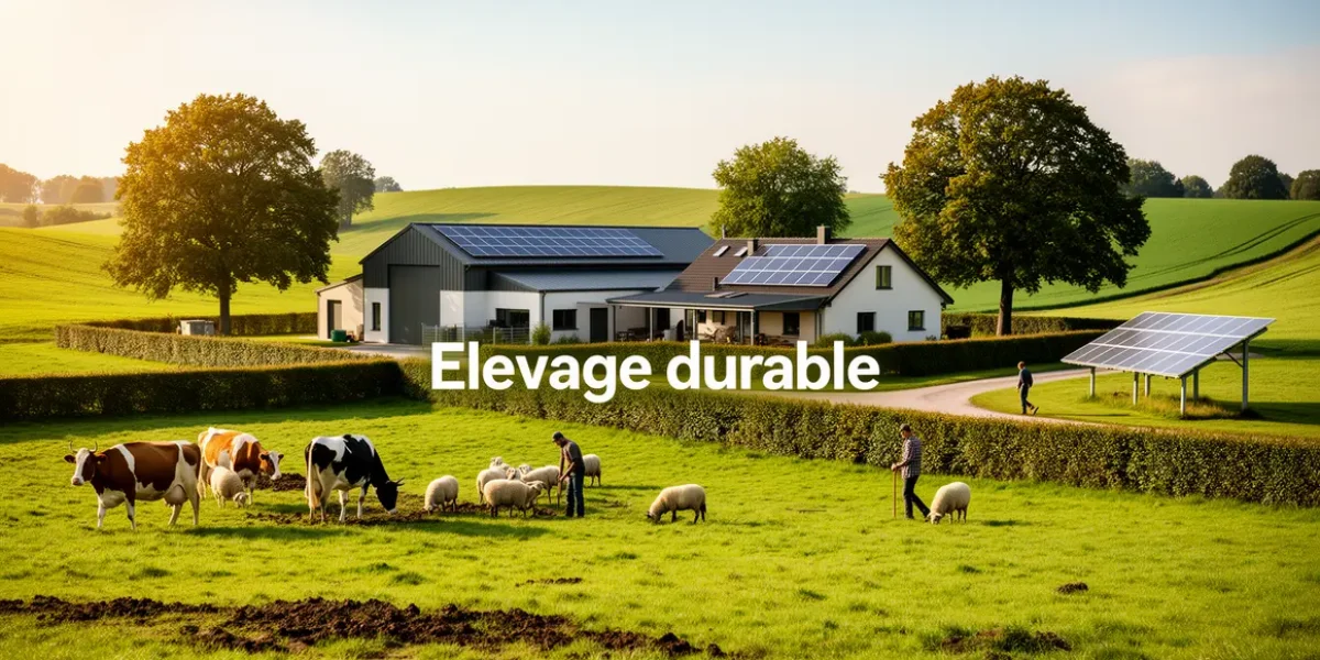 Scene d'elevage durable avec animaux, haies et energie solaire