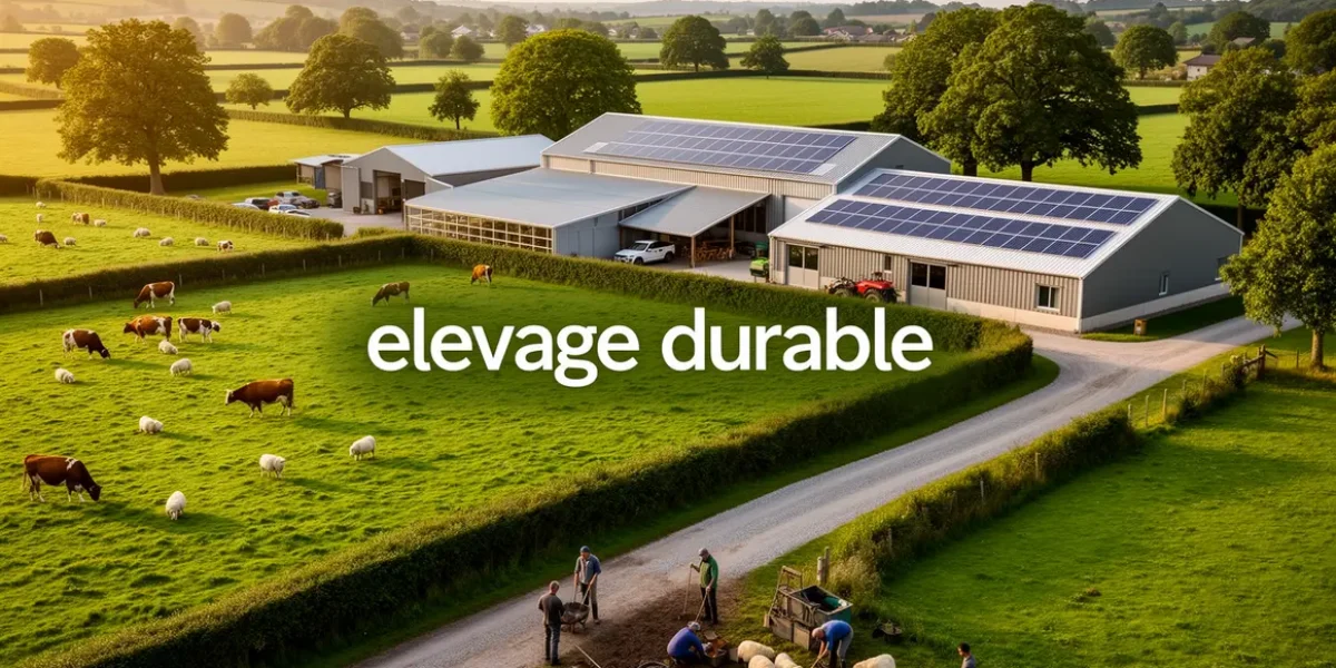 Panorama ferme elevage durable, animaux, haies, panneau solaire, agriculteurs