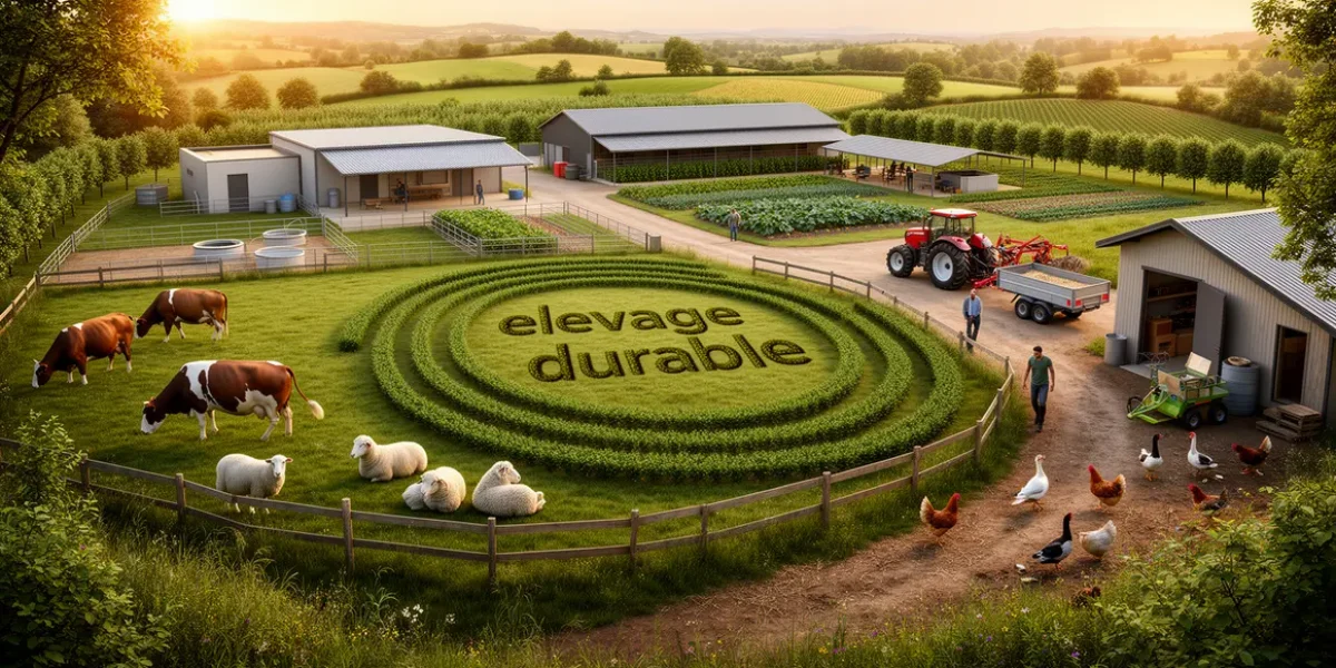 panorama elevage durable ferme moderne animaux divers vegetation