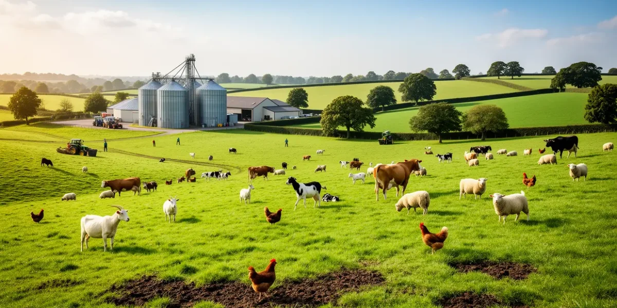 Image paysagère elevage durable, animaux sur prairies, silos et arbres