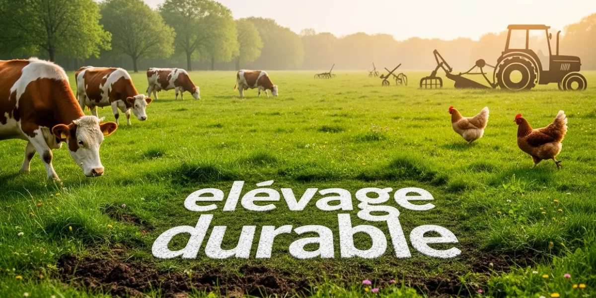 Prairie avec vaches poules tracteur elevage durable