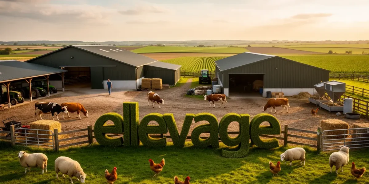 Elevation ferme moderne animaux divers panorama champs batiments