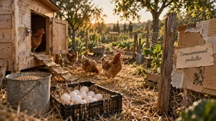 elevage poules pondeuses : poulailler et poules brunes dans un jardin, dimensionnement
