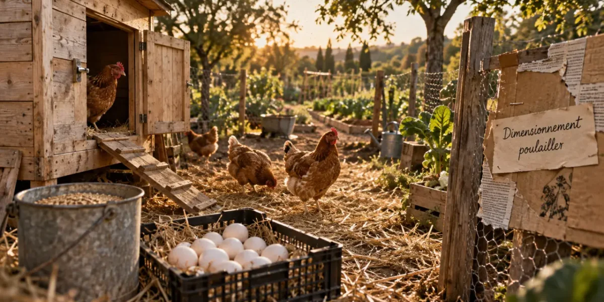 elevage poules pondeuses : poulailler et poules brunes dans un jardin, dimensionnement