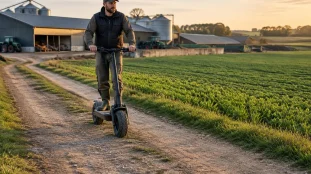Agriculteur en trottinette electrique tout-terrain entre les parcelles