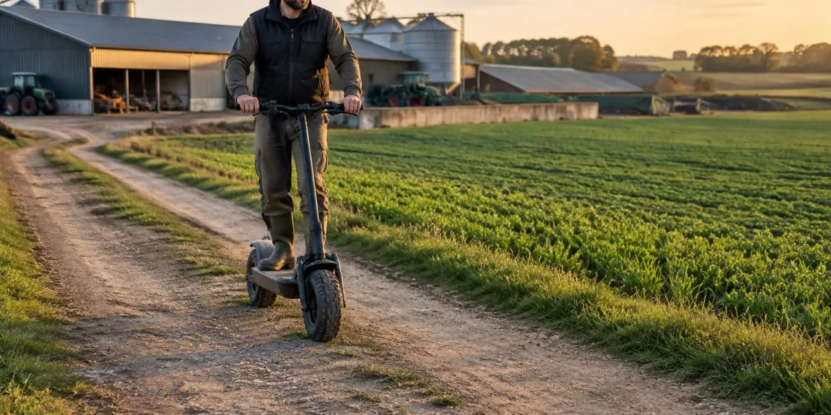 Agriculteur en trottinette electrique tout-terrain entre les parcelles
