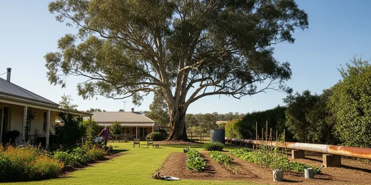Eucalyptus gunnii dominant pelouse et canalisation, contraste ferme