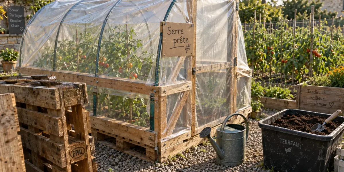 Fabriquer une serre de jardin : petite serre en construction, bâche tendue