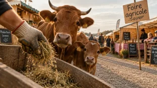 Foire agricole : main gantée verse du foin, vache et veau