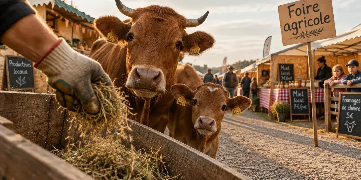 Foire agricole : main gantée verse du foin, vache et veau