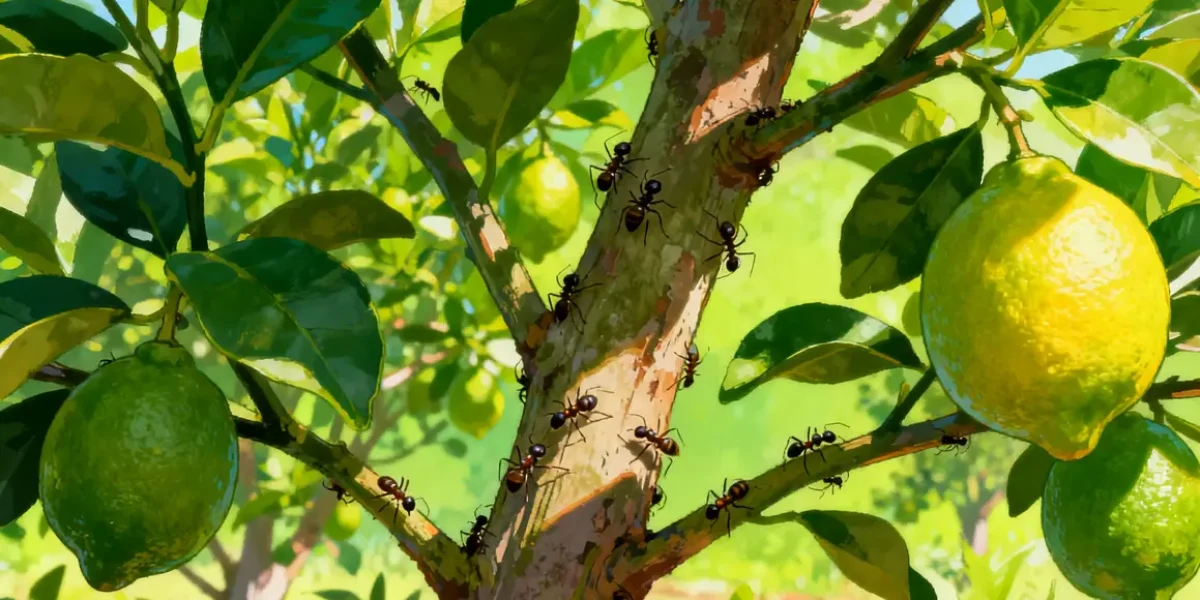 Illustration de fourmis sur un citronnier au verger