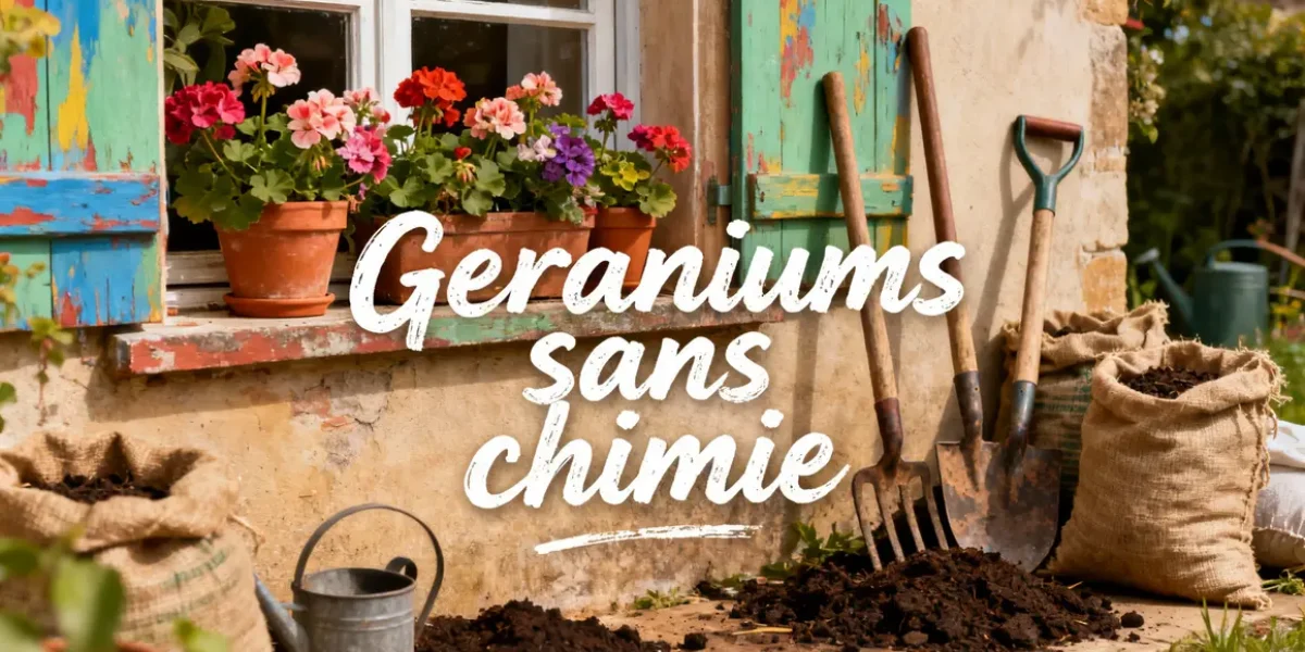 gros plan geraniums sans chimie fenêtre campagne fleurs outils