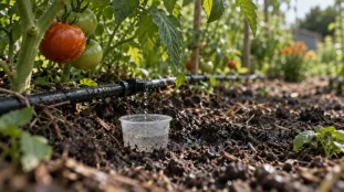Goutte a goutte tomates : tuyau et goutteurs près des racines, humidité évitant le cul noir