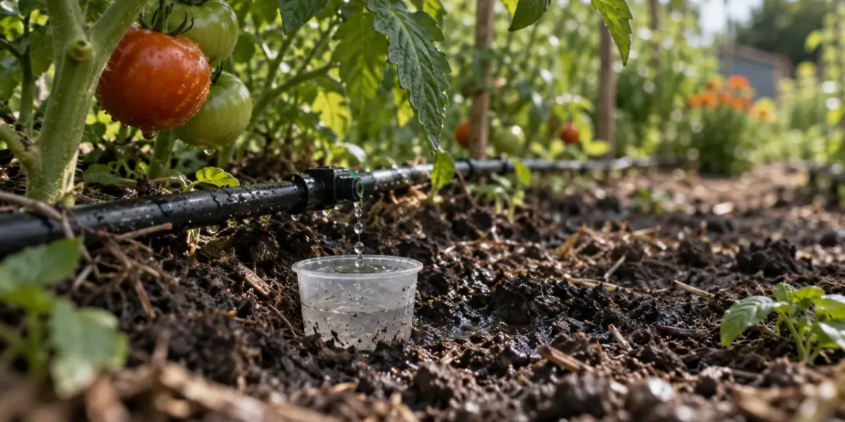 Goutte a goutte tomates : tuyau et goutteurs près des racines, humidité évitant le cul noir