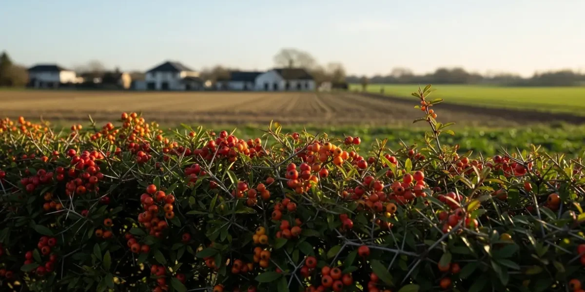 Haie de pyracantha feuillage epineux baies rouges oranges