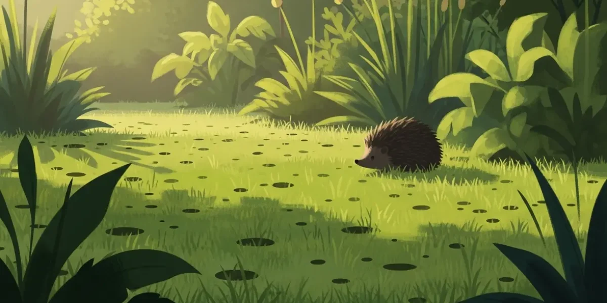 Herisson et petits trous dans pelouse jardin biodiverse