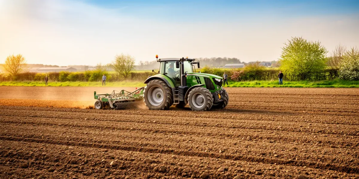 herse rotative travaillant sol au champ avec tracteur moderne
