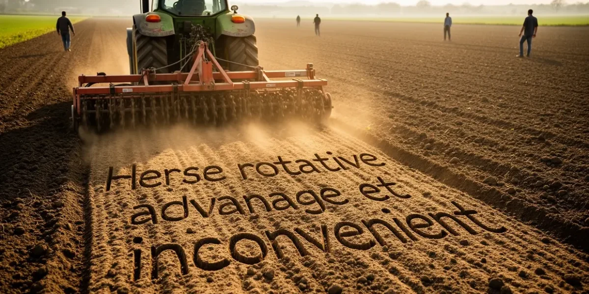 Tracteur avec herse rotative sur champ, préparation du sol, texte inscrit