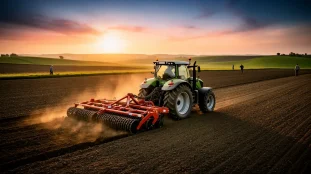 herse rotative au centre d'un champ avec tracteur au coucher de soleil